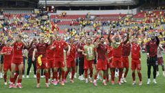La Selecci�n de Suiza celebrando su victoria frente a Colombia.
