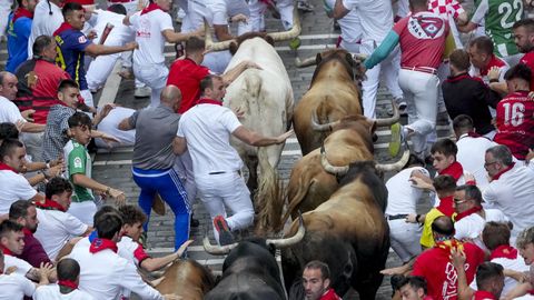 Los toros de la ganader�a gaditana de La Palmosilla a su paso por la calle de la Estafeta