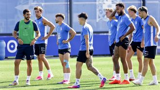 Parte de la plantilla del Deportivo durante un entrenamiento en el D�por Training Center