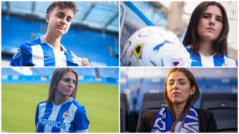 Luc�a Pardo, Adriana Ranera, Marisa Garc�a y Andrea Tarazona posan con distintivos blanquiazules tras fichar por el D�por Abanca.