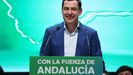 El presidente del PP-A y candidato a la reelecci�n a la Presidencia de la Junta de Andaluc�a, Juanma Moreno, durante su intervenci�n en un mitin electoral en Ja�n.
