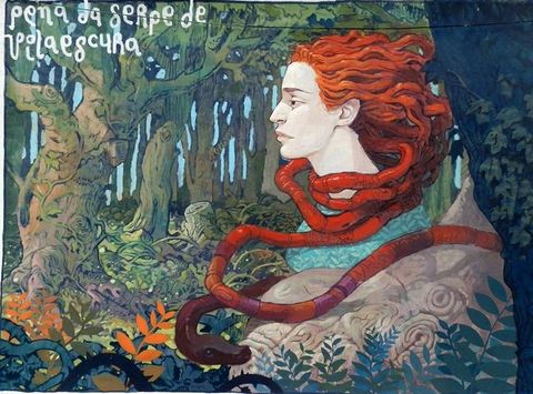 El mural pintado en la plaza del Toural de Sober recrea la leyenda de la Pena da Serpe de Vilaescura
