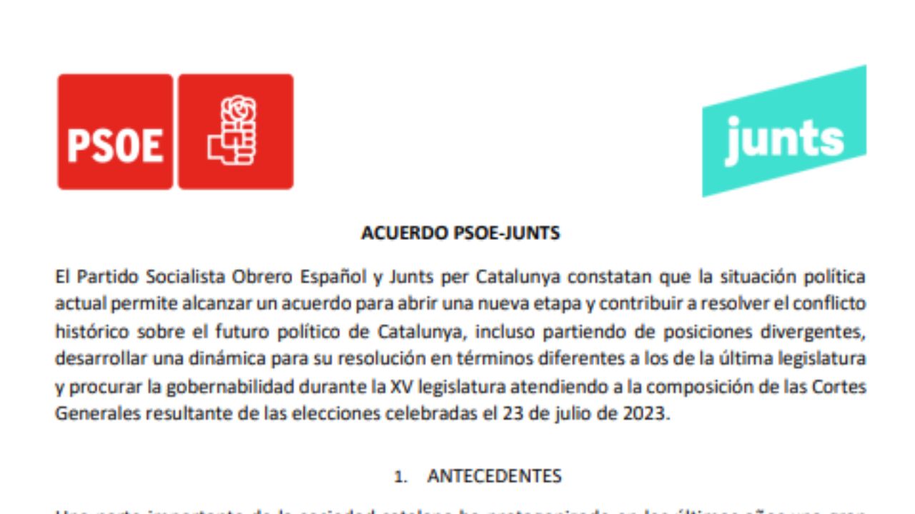 El texto del acuerdo entre el PSOE y Junts para la investidura de Pedro ...
