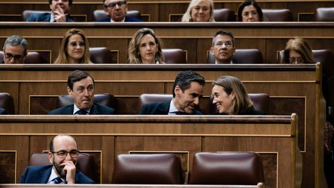 La bancada del Partido Popular, este jueves en el Congreso. En la segunda fila, a la derecha de la imagen, conversan la vicesecretaria de regeneraci�n institucional, Cuca Gamarra, con el portavoz del partido y vicesecretario de cultura, Borja S�mper.