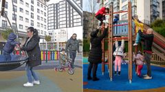 Padres jugando con sus hijos en los parques infantiles de Navia y Novo Mesoiro