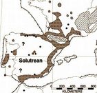 Valverde en un mapa de la Europa solutrense. Las zonas sombreadas son las que tienen yacimientos conocidos de ese per�odo prehist�rico