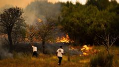 Varias personas intentando alejar y sofocar las llamas en Raiz do Monte, en Portugal.