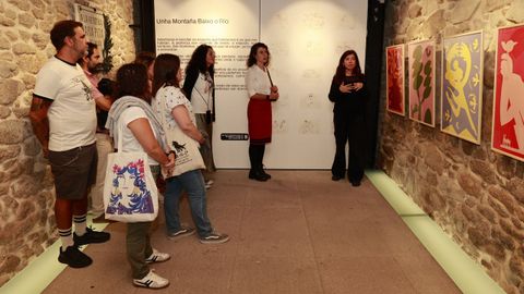 La artista Julia Lago (derecha) guio al público en el recorrido por su exposición «Unha montaña baixo o río» que se despide mañana de la Casa Museo María Pita dentro de las actividades del ciclo Elas son Artistas.