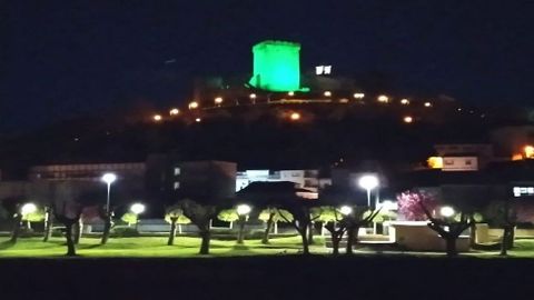 La torre del Homenaje de Monforte, iluminada de color vede la pasada madrugada