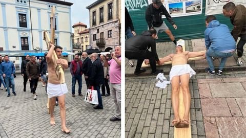 El hostelero Bernardo lvarezPachanga durante un momento desu protesta en Grado