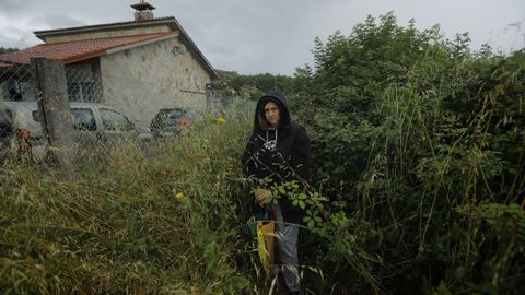 Marina Martnez entre la maleza de una de las fincas sin limpiar que rodea su casa de Cambre.