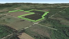 Recreaci�n virtual de c�mo quedar� el parque solar fotovoltaica de O Queiroal. Al fondo, en el l�mite con las instalaciones, el municipio de Cerceda.