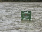 Un cartel de obra sumergido por la crecida del Sil, ayer en la playa fluvial de San Clodio. 