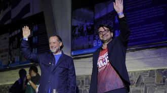 El presidente, Juan Carlos Escotet, y el consejero delegado, Massimo Benassi, durante la celebraci�n del ascenso a Primera Divisi�n del Deportivo.