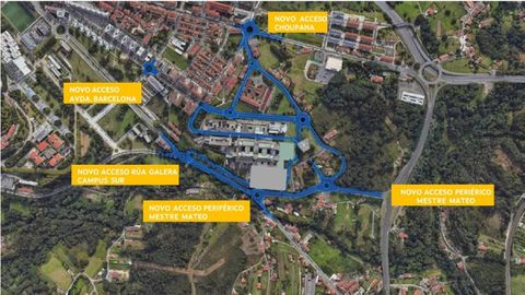 Imagen de recreaci�n de la ordenaci�n del recinto, con el punto de implantaci�n del p�rking en gris y el pr�ximo edificio del Cl�nico en verde. El circuito azul indica los viarios internos y externos del recinto sobre los que se actuar�, para mejorar u organizar los accesos y la movilidad interna.