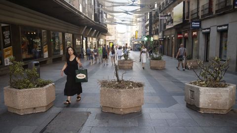 Viandantes caminan por la Calle Preciados de Madrid, una de las vas comerciales ms concurridas de la capital, donde hoy se han colocado jardineras para evitar el trnsito de vehculos despus de los atentados ocurridos