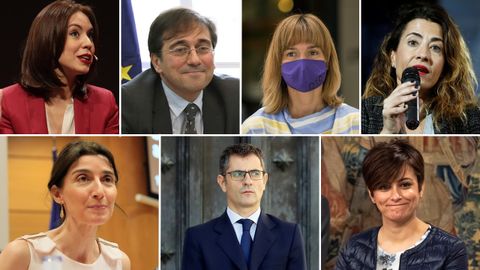 De izquierda a derecha y de arriba a abajo: Diana Morant, nueva ministra de Ciencia e Innovaci�n; Jos� Manuel Albares, titular de Asuntos Exteriores, UE y Cooperaci�n; Pilar Alegr�a, ministro de Educaci�n y Formaci�n Profesional; Raquel S�nchez, nueva titular de Transportes, Movilidad y Agenda Urbana; Pilar Llop, nueva ministra de Justicia; F�lix Bola�os, nuevo ministro de Presidencia e Isabel Rodr�guez, nueva portavoz del Gobierno y ministra de Pol�tica Territorial
