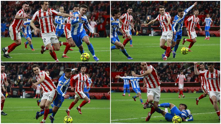 En la secuencia, el sportinguista Brian Oliv�n aborda a Yeremay y le mete la cadera para impedirle llegar a la pelota con solvencia, al tiempo que tambi�n lo enreda con los pies hasta que cae derribado mientras el canario�y Luismi Cruz reclaman el penalti.