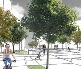 Los veh�culos circularon por la v�a de Coimbra ante el inicio de las obras de Basqui�os. En la imagen virtual, la zona de la iglesia donde calzada y aceras ser�n de piedra. 