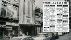 La cartelera del 26 de agosto de 1969 en Gijón, sobre una vista de la calle Corrida, con el cine María Cristina, en los años 70