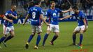 Gol Diegui Johannesson Carlos Tartiere Real Oviedo Osasuna.Diegui celebra su tanto con Carlos, Folch y Rocha