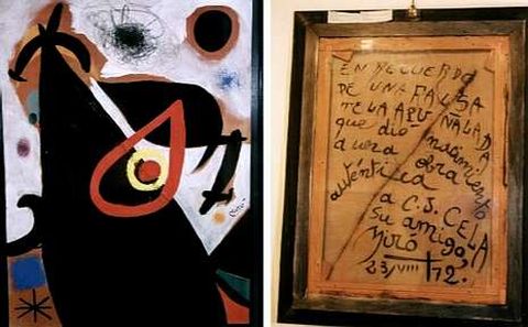 El cuadro que pint� Mir� y la dedicatoria al escritor en el reverso.