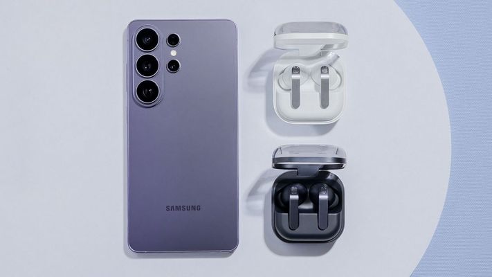 El Galaxy S26 Ultra junto a los a nuevos auriculares Galaxy Buds4, presentados tambi&eacute;n hoy.