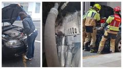 A la izquierda, la naronesa levantando el cap� de su coche; en el medio, el primer gato atrapado en el motor; a la derecha, bomberos rescatando al minino