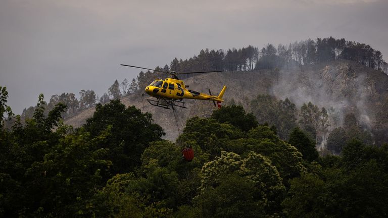 Labores de extinci�n del incendio forestal de Grado