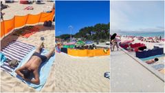 Im�genes compartidas en redes sociales de la playa de Samil repleta de �parcelas� constru�das con paravientos