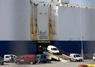 Desembarco de furgonetas en el puerto de Vigo.