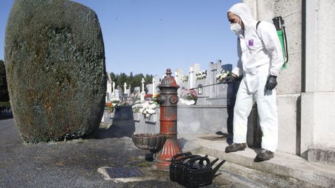 Trabajos de desinfecci�n, ayer en el cementerio de San Froil�n