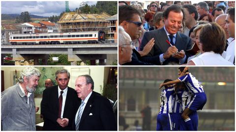 Un tren regional pasa frente a un edificio en construcción en plena burbuja inmobiliaria: Julio Iglesias firma autógrafos en Lugo; Xosé Manuel Beiras, Emilio Pérez Touriño y Manuel Fraga conversan; el Deportivo celebra un gol en Milán.