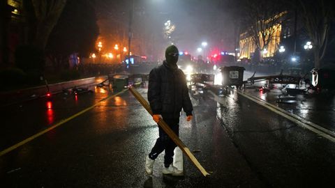 Un manifestante armado con un palo en una protesta en Tiflis