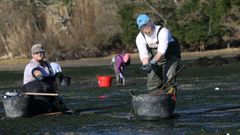 Mariscadores en la playa de Ma��ns de Boiro, en una de las �ltimas jornadas de trabajo antes de las fiestas navide�as