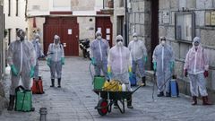 Un grupo de vecinos voluntarios, listos para colaborar en las tareas de desinfecci�n de las calles de Seixalbo, en Ourense