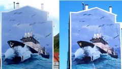 A la izquierda, el mural original, a la derecha, ya con el lobo sustituyendo a Castelao