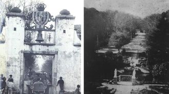 A la izquierda, antigua entrada en el siglo XIX a la fbrica de Neda; a la derecha, los jardines del interior fabril