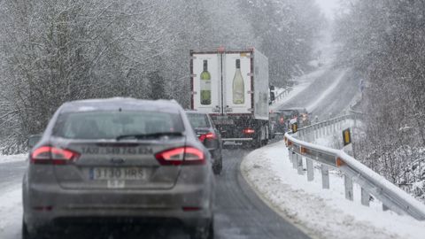 La nieve dificulta la circulacin en la N-640 a la altura del kilmetro 85 provocando grandes retenciones. 