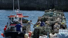 Tripulantes de dos pesqueros embarcando las nasas del pulpo, en el puerto de Ribeira, en la v�spera del inicio de la campa�a del 2026.