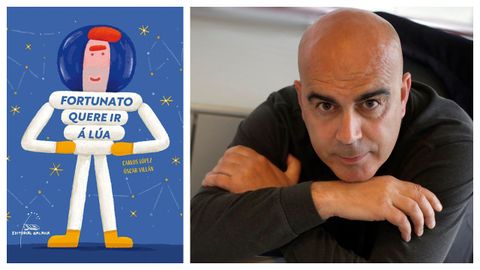 Portada do libro �Fortunato quere ir � l�a�. � dereita, retrato de Carlos L�pez.