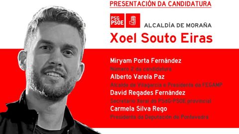 La presentación de Xoel Souto como candidato del PSOE de Moraña tendrá lugar el domingo, 13 de noviembre, en el edificio multiusos de Santa Lucía