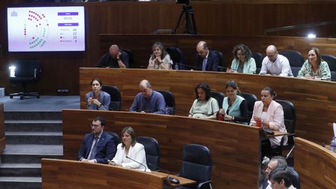 La vicepresidenta del Principado Gimena Llamedo (d) junto al Presidente del Principado Adri�n Barb�n (i) este lunes durante el pleno extraordinario en el que se abordar� la enmienda de totalidad que el Partido Popular ha presentado a la Ley Simplica, con la que el Gobierno asturiano pretende reducir, facilitar y agilizar los tr�mites administrativos y reducir as� la burocracia