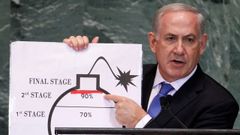 Benjamin Netanyahu muestra un gráfico sobre el programa nuclear israelí ante la Asamblea General de la ONU.