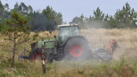 Un tractor cortando madera en el monte este martes en la Costa da Morte
