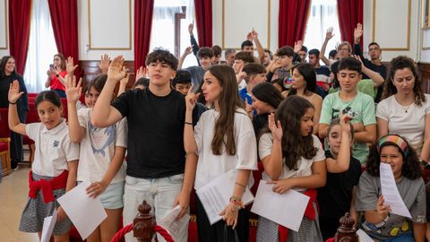 Estudiantes ferrolanos votando ayer en el pleno extraordinario para lanzar la propuesta a Unicef.