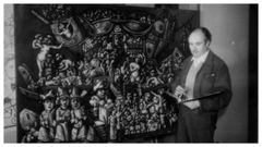 Laxeiro, en Buenos Aires, en 1961, traballando no seu lenzo �La barca espacial�.