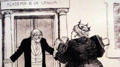 Ilustracion de �poca representando el rechazo de la Academia a la entrada de Pardo Baz�n en la instituci�n