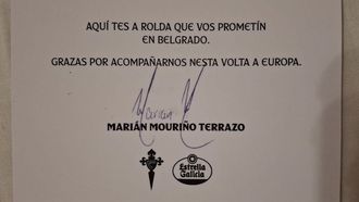 El mensaje de Mari�n Mouri�o que acompa�a al regalo enviado a los celtistas que acudieron a Belgrado.