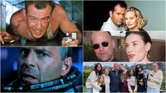 En las dos fotos a la izquierda, Bruce Willis en La Jungla de Cristal (arriba) y Armageddon (abajo). En las imgenes de la derecha, de arriba a abajo, con Cybill Sheperd en la serie Luz de luna, con Demi Moore cuando estuvo casado con ella y una imagen familiar reciente con sus cinco hijas, Demi Moore y su actual mujer, Emma Heming